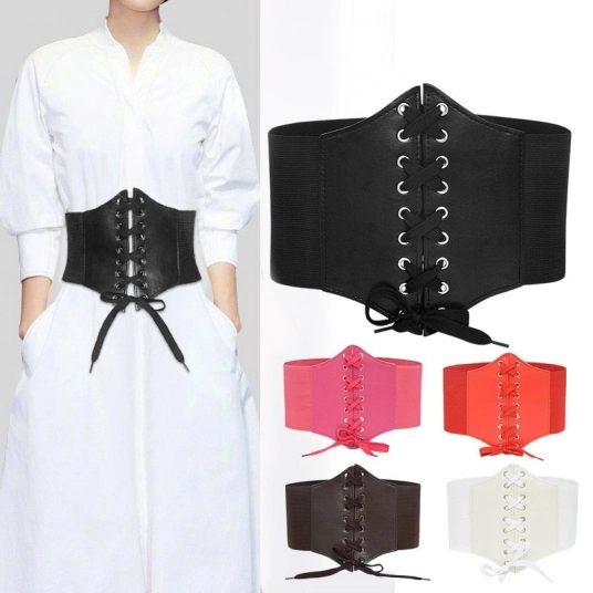 (Womens Waist Slimmer Belts)Corset Wide Pu Leather Belt Cummerbunds Strap Belts for Women Elastic Tight High Waist Slimming Bod
