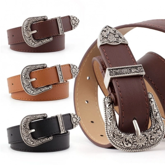 (Women's Belts) Women's vintage Carved Pin buckle PU Leather belt casual fashion wild belt Jeans dress waistband