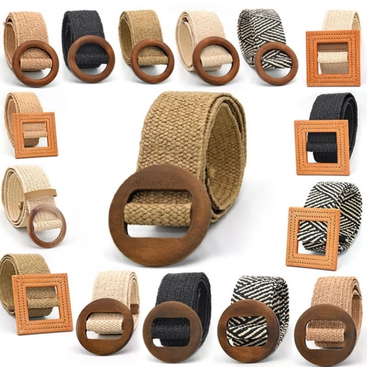 (Womens Belts) Vintage Bohemian Wide Belt Summer Wooden Buckle Wild Braided Belt Female Leopard Buckle Linen Weave Women Fake S