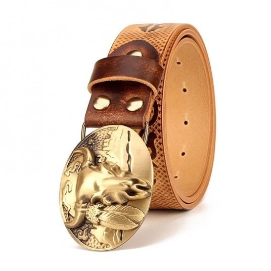 Men's Ethnic Style Cowskin Leather Belt Pure Genuine Leather Copper buckle pattern belt Retro men Smooth buckle buckle belts