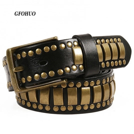(Womens Belts) Punk Rock Belts Geometry Pattern for Men for Women Rivet Studded Belts First Layer of Cowskin Hip Pop Decorative