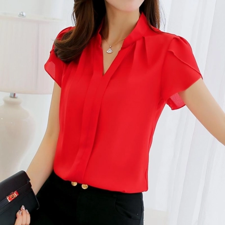 Summer Chiffon Plus Sizes Red/ White Shirt. Women Fashion Short Sleeve Shirt.