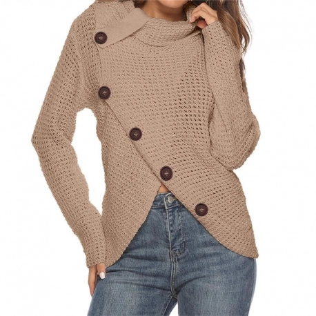 Women Knitted Autumn Winter ONeck Pullover. Long Sleeve Solid Buttondown Style