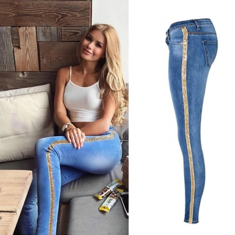 Women Low Waist Side Embroidered Gold Sequin Stripe Skinny Jeans.