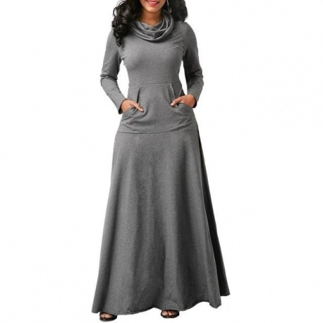 Women Warm Solid Long Sleeve Vintage Maxi Design Elegant Dress