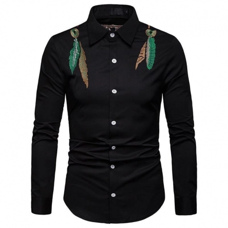 Fashion Leaf Embroidery Black Shirt for Men  Long Sleeve