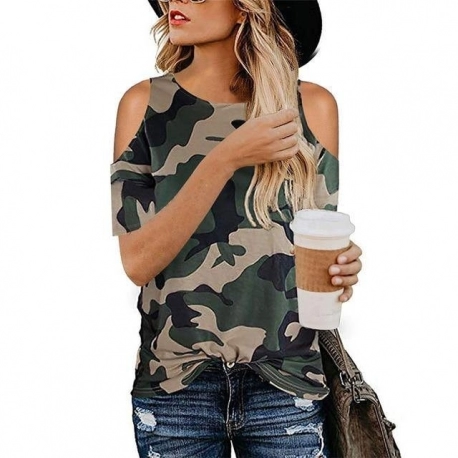 Womens Camouflage T Shirt Hollow Out Tees