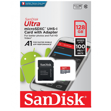 SanDisk Ultra (128GB) MicroSDHC 100mb/s Memory Card + SD Adapter, Class 10