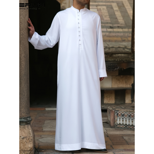 Muslim Men's Solid Color Long Sleeve Jubba Thobe, Thin Robes Stand Collar Islamic Arabic Kaftan Abaya