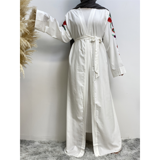 Embroidered Long Line Cardigan, Casual Long Sleeve Tie Waist Loose Middle East Long Line Abaya Dress, Women's Clothing