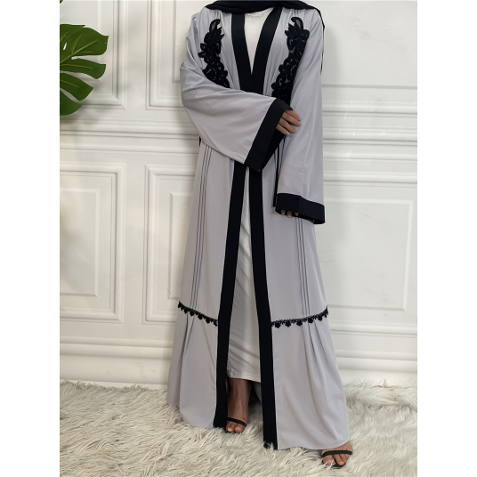 Solid Embroidered Lace-up Loose Long Line Cardigan, Casual Stylish Kimono Sleeve Long Line Cardigan, Women's Clothing Abaya Dres