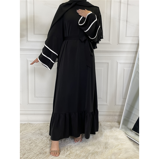 Solid Muslim Petal Sleeve Crew Neck Loose Dress, Elegant Tie Waist Ruffled Hem Dress, Women's Clothing Abaya