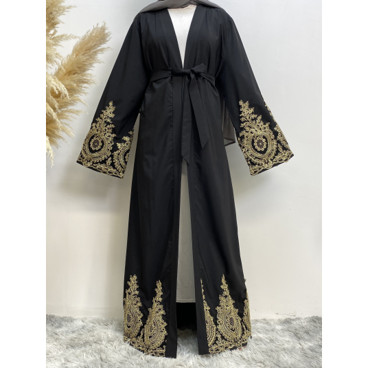 Lace Stitching Open Front Abaya, Casual Long Sleeve Loose Maxi Abaya, Women's Clothing Dress