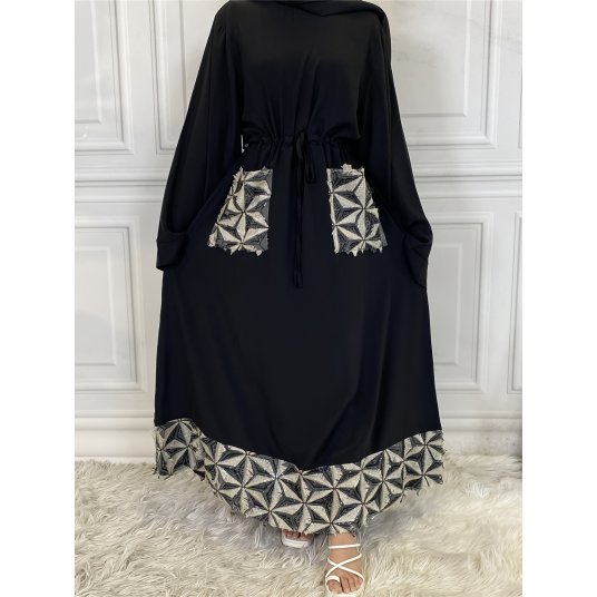 Printed Loose Muslim Dress, Casual Long Sleeve Drawstring Maxi Dress With Pocket, Women's Clothing