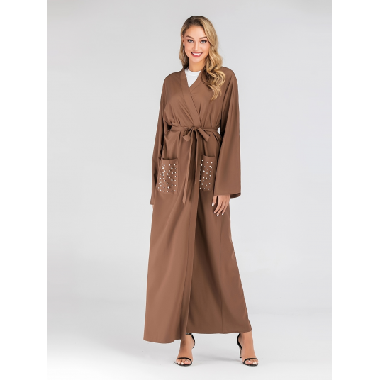 Simple Open Front Abaya With Pockets, Casual Long Sleeve Loose Maxi Abaya, Women's Clothing Dress