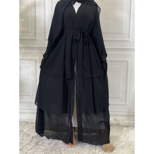 Layered Flared Sleeve Long Line Cardigan, Casual Solid Loose Tie Waist Long Line Cardigan, Women's Clothing Dress