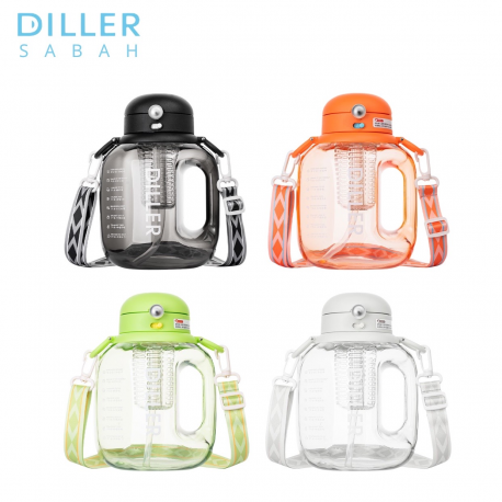 Diller Large Motivational Water Bottle Tritan BPA Free Fitness Sports Water Jug With Tea Filter Time Marker D2301 (1600ml/2200ml