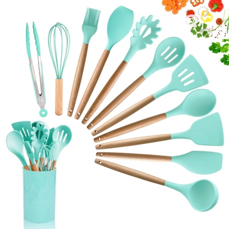1 Piece BPA Free Silicone Kitchen Cooking Utensils Nonstick Cooking Tools with Wooden Handles Kitchen Cookware KC0302