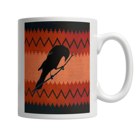 Holiday - Raven with Red and Black Hopi Rug Background on White Coffee Mug