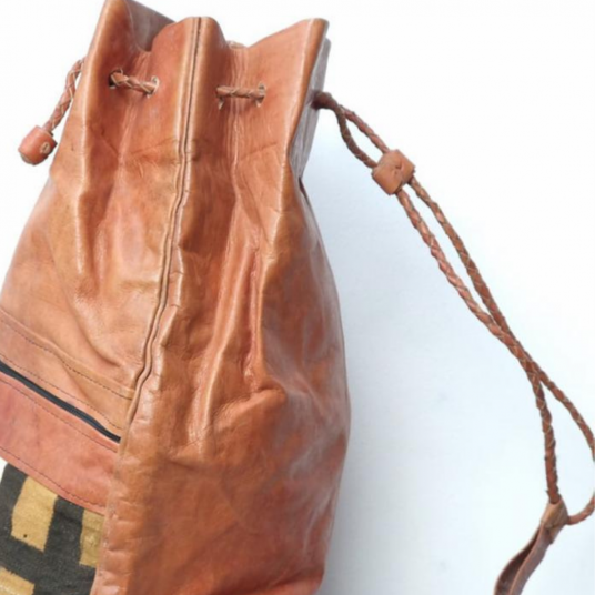 African Leather Mudcloth Backpack, Gye Nyame
