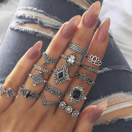 15Pcs Set Fashion Vintage Ring Set Femme Stone Silver Midi Finger Rings