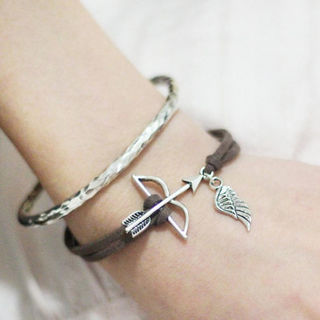 Handmade Suede Velvet Bracelets Antique silver color & silver color Coffee Bow And Arrow Wing Hollow