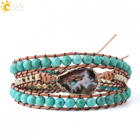 CSJA Natural Mala Beads Turquoises Bracelet Agates Slice Geode  Charms Boho Gems Stone Wrap BraceletsJewellery for Women S225
