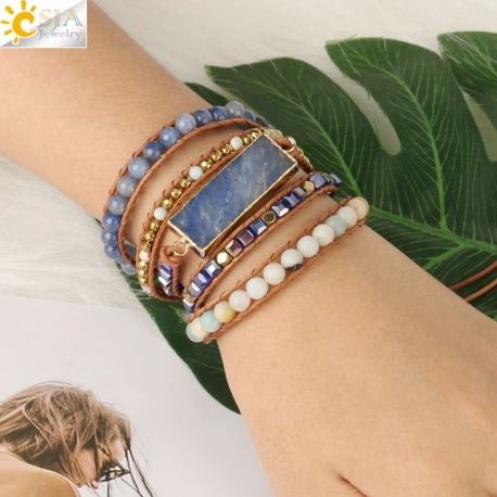CSJA Natural Stone Multilayer Leather Wrap Bracelets for Women Blue Aventurine Hematite Bead Bracelet 5 Strand Boho Jewelry S564