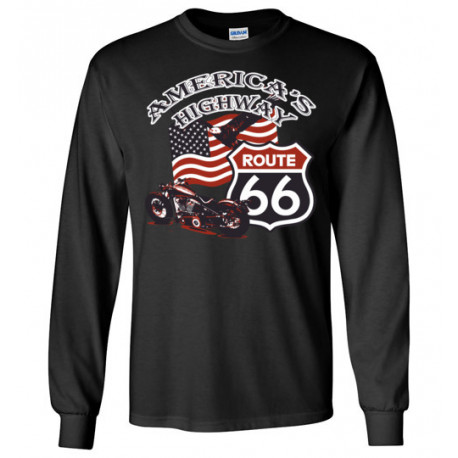 (ON SALE!) Route 66 - America's Highway Bald Eagle, Flag, Motorcycle Long Sleeve T-Shirt