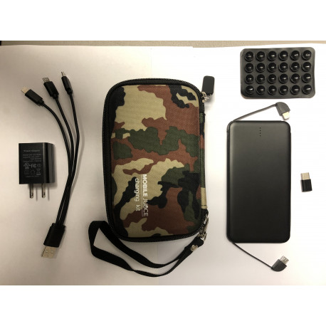 Includes 500mA portable charger, wall adapter, camouflage case, suction cup attachment,