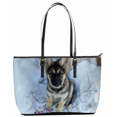 Malamute-Shepherd Puppy In The Snow - Leather Tote Bag (S) (Chewbacca The Mal-GSD-Wolf)