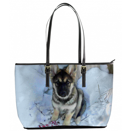 Malamute-Shepherd Puppy In The Snow - Leather Tote Bag (L) (Chewbacca The Mal-GSD-Wolf)