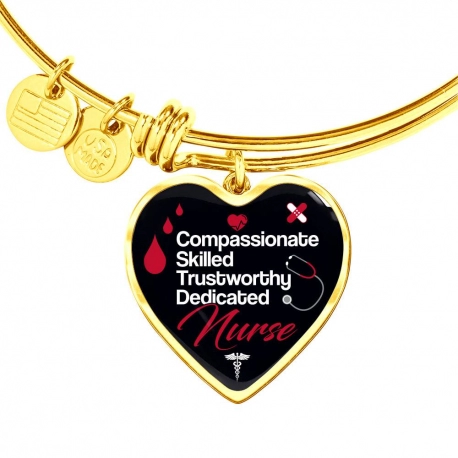 Compassionate Skilled Dedicated Trustworthy Nurse Gold Heart Pendant Bangle