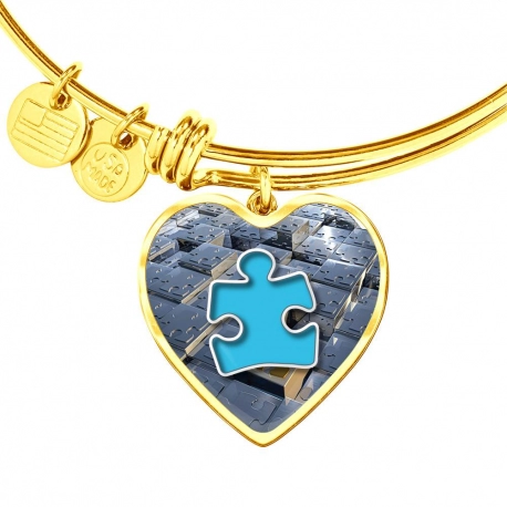 Autism Puzzle Piece Gold Heart Pendant Bangle