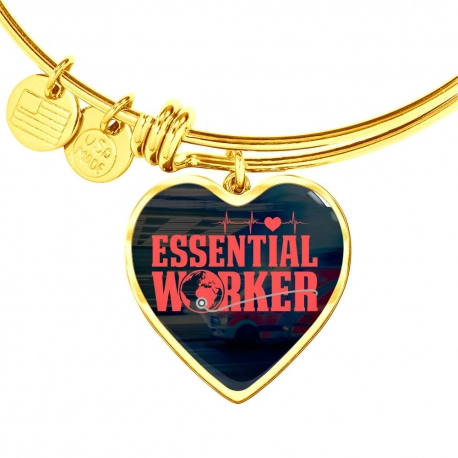 Essential Worker Heartbeat Gold Heart Pendant Bangle