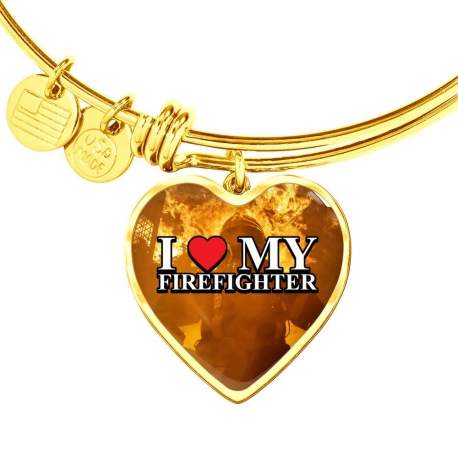 I Love My Firefighter Gold Heart Pendant Bangle