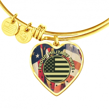 Proud Military Wife Gold Heart Pendant Bangle