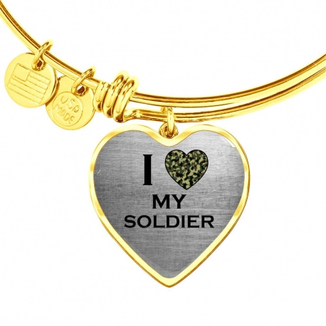 I Love My Soldier Gold Heart Pendant Bangle