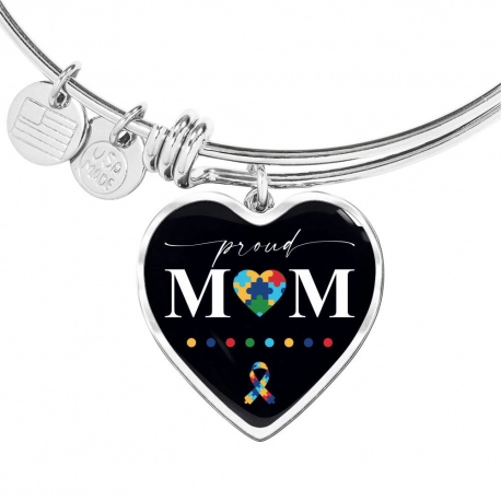 Proud Mom - Autism Awareness Stainless Heart Pendant Bangle