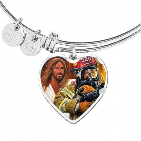 Jesus Hand on Firefighter Shoulder Stainless Heart Pendant Bangle