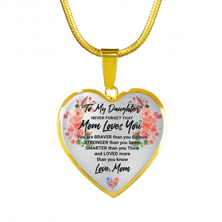 Never Forget that Mom Loves You Gold Heart Pendant with Snake Chain