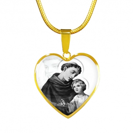 Saint Anthony Gold Heart Pendant with Snake Chain