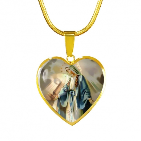 Mother Mary Gold Heart Pendant with Snake Chain