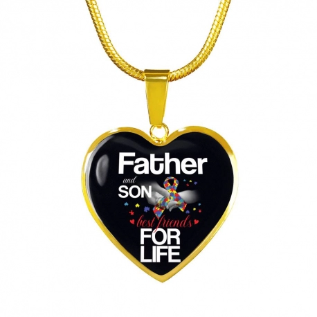 Mother & Son Best Friends For Life - Autism Awareness Gold Heart Pendant with Snake Chain