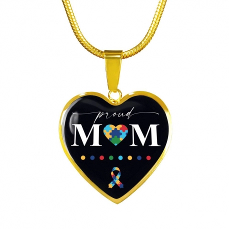 Proud Mom - Autism Awareness Gold Heart Pendant with Snake Chain