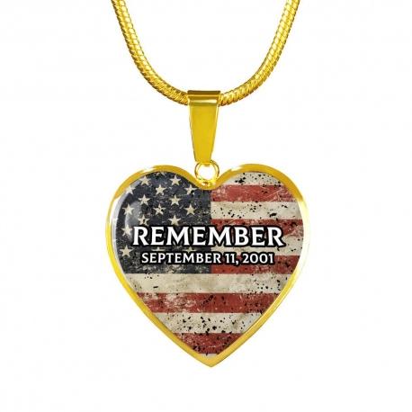 Remember September 11, 2001 Gold Heart Pendant with Snake Chain