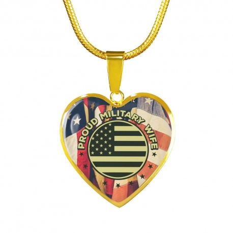 Proud Military Wife Gold Heart Pendant with Snake Chain