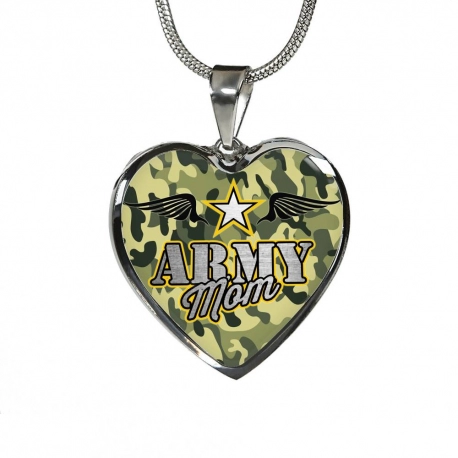 Army Mom Stainless Heart Pendant with Snake Chain