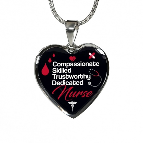 Compassionate Skilled Dedicated Trustworthy Nurse Stainless Heart Pendant with Snake Chain