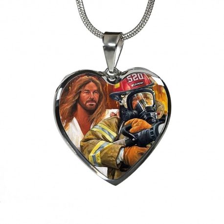 Jesus Hand on Firefighter Shoulder Stainless Heart Pendant with Snake Chain